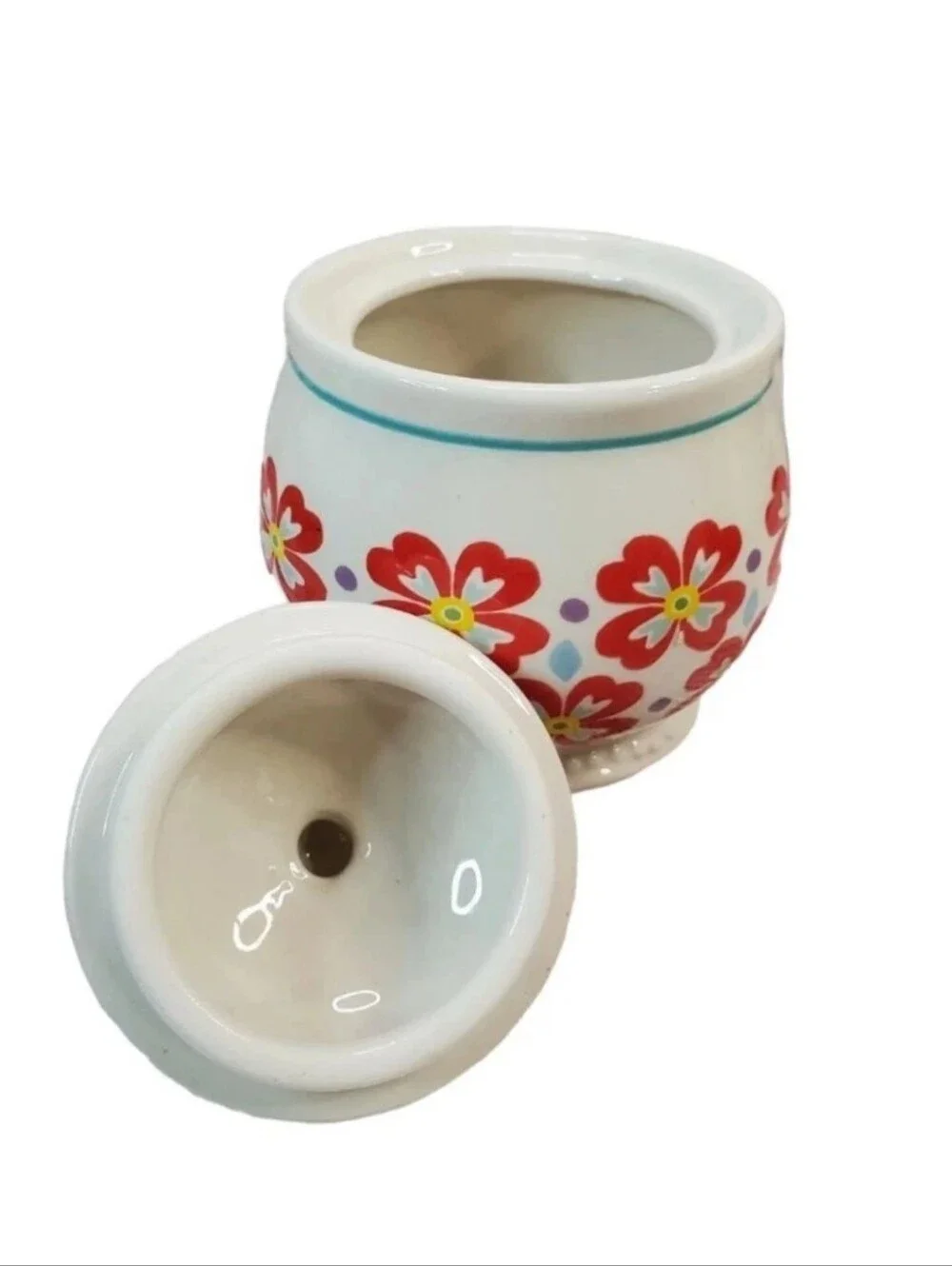 Pioneer Woman White Red Blue Floral Sugar Bowl w/ Lid Farmhouse Crock 5